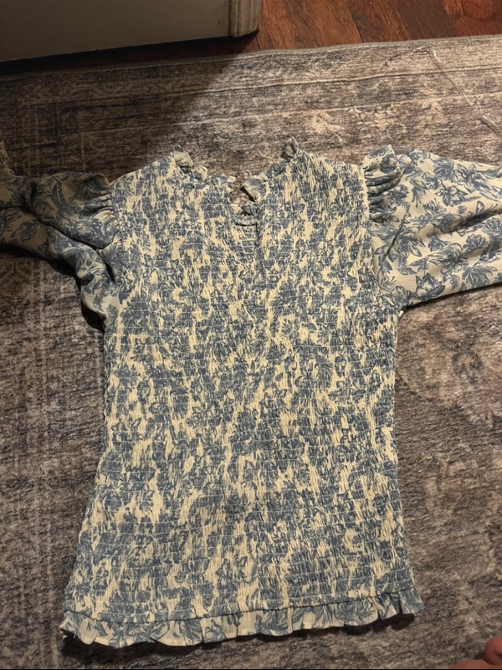 Express Blue and Cream Smocked Floral Long Sleeve Top
